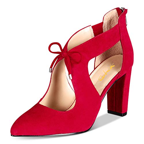 XYD Women Closed Pointed Toe Cutout Casual Dress Pumps Booties Chunky Block Heel Bow Tie Back Zip Shoes