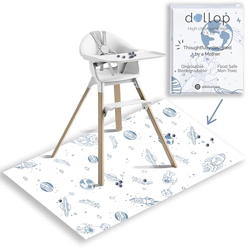Dollop Disposable Splat Mats (30-Pack) Large 47 Water-Resistant High Chair Floor Protector Baby Led Weaning & Toddler Meal Supplies Biodegradable & Compostable (Blue Out of This World)