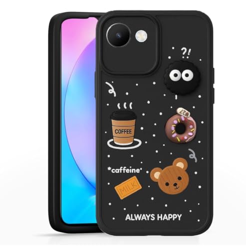 Image of Bintage Cute Fun Ball | Taddy Cartoon 3D Smiley Coffee Cup | Milk Donut | Full Protection Rubber Back Cover Compatible for Realme RMX3690 / Realme C30s - Black