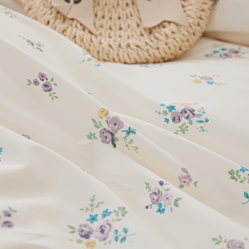 Image of Purple Floral Comforter Set Full Girls Princess Bedding Ruffle Comforter Set Vintage Flowers Cottagecore Comforter with 2 Pillowcases Botanical Floral Bedding Lightweight Bed Set for All Seasons