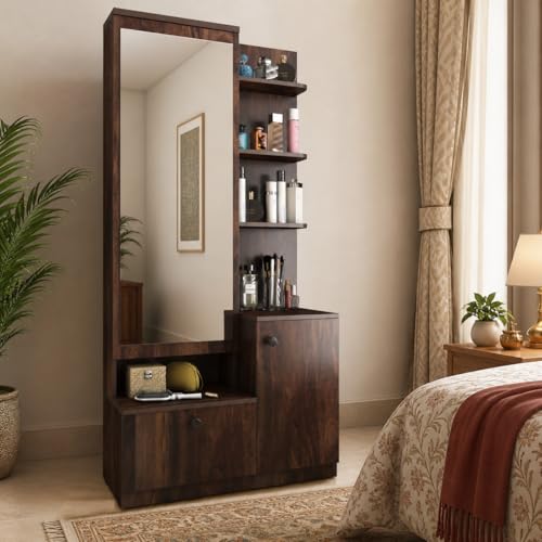 Image of Studio Kook Bella Dressing Table with Mirror and Storage, Junglewood | Engineered wood, Full-length mirror, Soft-close hinges, 30kg telescopic drawer, Open shelves + cabinet storage, Matte finish