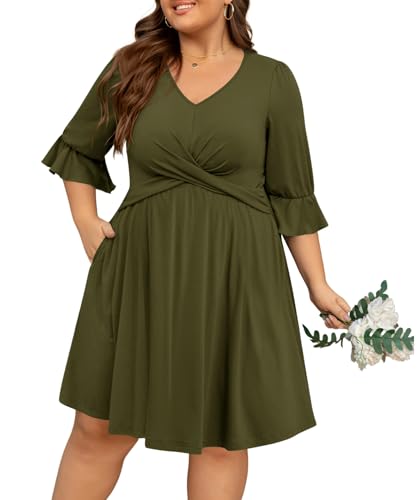 Image of Manllenshie Women's Plus Size 2 Pockets Dresses 3 /4 Ruffle Sleeve V Neck Crossover Flowy Pleats Casual Fall Loose Dress