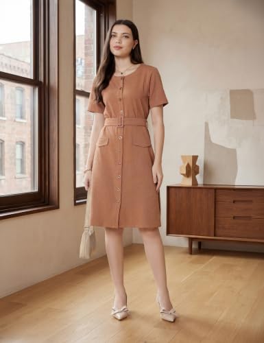 Image of Amazon Brand - Symbol Women's Cotton Blend Seersucker Knit Button-Down Dress | Belted Waist, Short Sleeve, Knee Length (Available in Plus Sizes)
