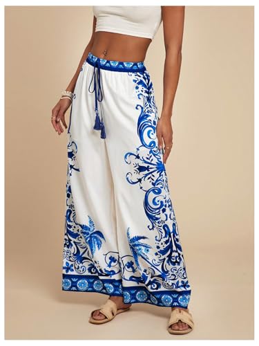 MakeMeChic Women's Boho Floral Wide Leg Summer Vacation Pants Drawstring Elastic Waist Loose Beach Trousers4