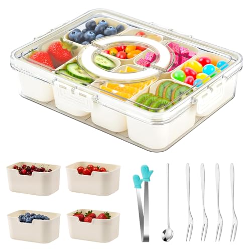 LaJasya Divided Serving Tray with Lid & Handle Snack Box with 8 Compartments Reusable Snackle Box Snack Tray Removable Food Storage Container Clear Organizer for Veggie Candy Fruit Nut