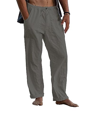 Men's Linen Pants Casual Long Wide Pant Zipper Beach Pants Drawstring Trousers Yoga Pants with Pockets
