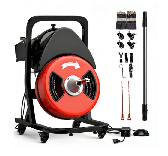 Image of Garvee 50FTx1 /2 Inch Drain Cleaner Machine with Wheels, Sewer Snake Electric Drain for 2 inch to 4 inch Pipes, Plumbing Snake Auger Cleaner with 6 Cutter & Foot Switch for Sewer, Sink, Toilet, Bathroom
