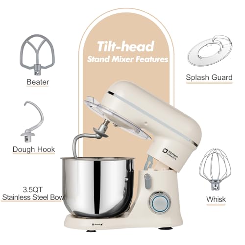 Image of Kitchen in the Box Stand Mixer, 3.5 QT Small Kitchen Electric Stand Mixers, 10-Speed Portable Lightweight Dough Mixer for Daily Use with Egg Whisk, Dough Hook, Beater (Cream White)