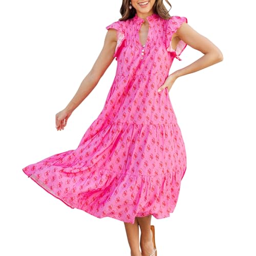 Image of Women Patchwork Dress Y2k Floral Puff Short Sleeve Maxi Dress Summer Boho Smocked Tiered Ruffle Beach Sundress