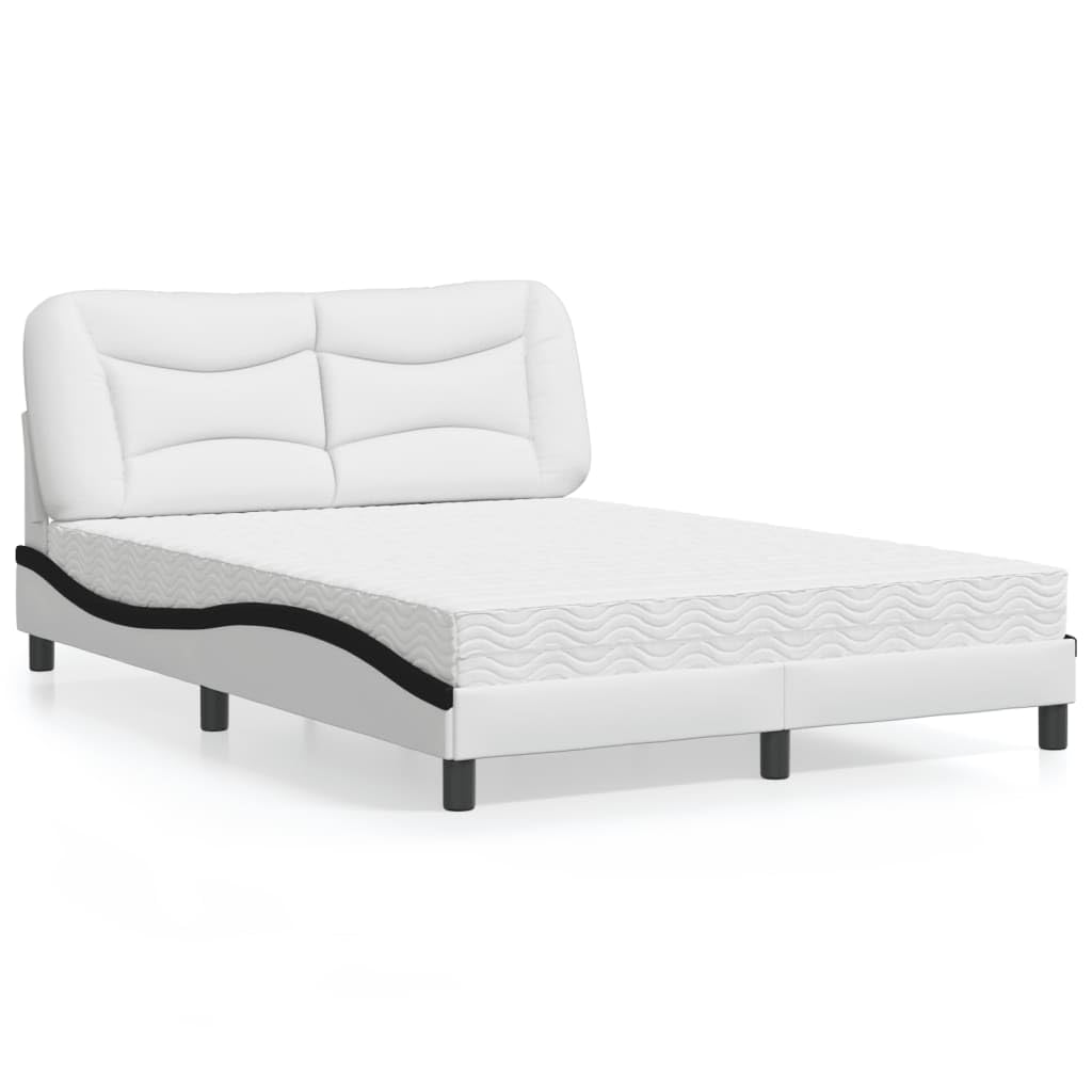 Bett Hvar Weiß-Schwarz, 120x200 cm, Kunstleder, mit Matratze, Wellendesign, Schlafzimmer Möbel, Platform Bett