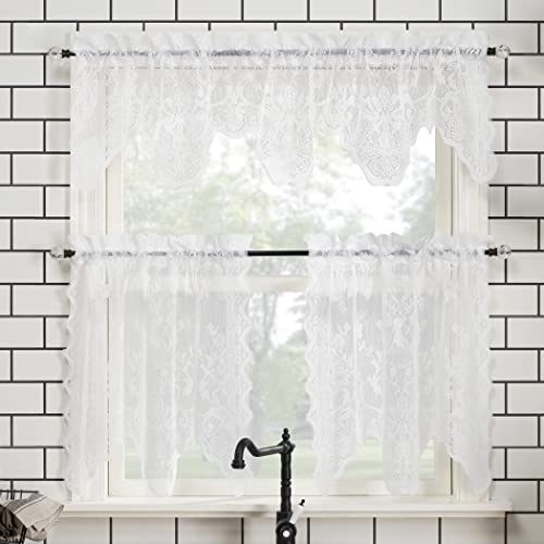 No. 918 Alison Floral Lace Sheer Rod Pocket Kitchen Curtain Valance, 58\" x 14\", White