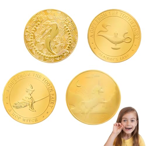 WUSJCOF 4 piezas Monedas de Hada de Dientes, Oro con Mensajes Positivos, Ratoncito Pérez, Moneda de Colección, Conmemorativa, Recuerdos, Recuerdo para Diente Perdido, Regalo para Niñas y Niños