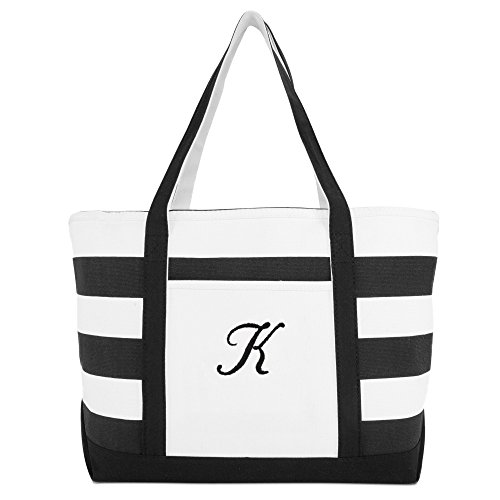 DALIX Striped Beach Bag Tote Bags Canvas Personalized Black Ballent Letter A - Z miniatura 2