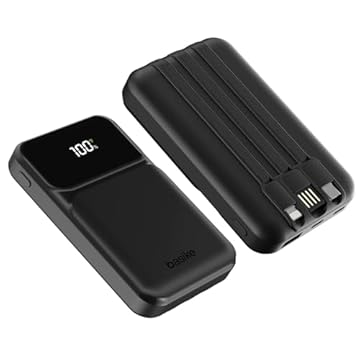 Basike Power Bank, Carregador Portátil Universal 10000mAh, USB-A(até 22.5W)+USB-C(até 20W) com 3 Cabos Integrados (USB-C, USB, Lightning) Carregamento Rápido, Led Indicador de Bateria (Preto)