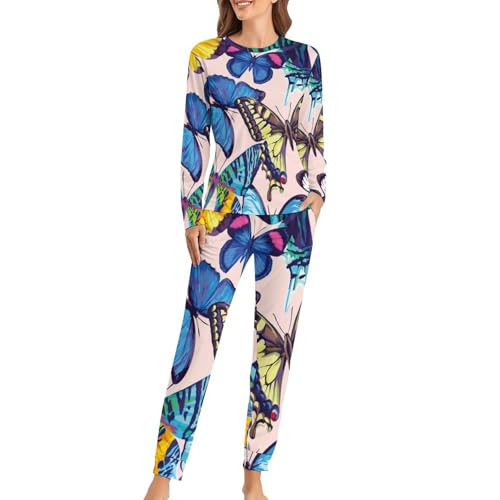 Ensemble pyjama femme papillon de couleur anti-froid pour dormir au chaud en t-shirt et pantalon