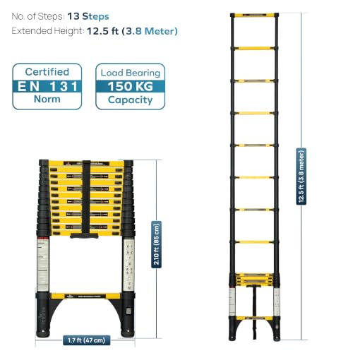 Image of Corvids 3.8m (12.5 ft) Folding Carbon Steel Telescopic Ladder, 2-Year Warranty, 13-Step Heavy Duty Extension Ladder, Q195 Rustproof Alloy Steel, Portable & Collapsible Ladder for Home & Outdoor use