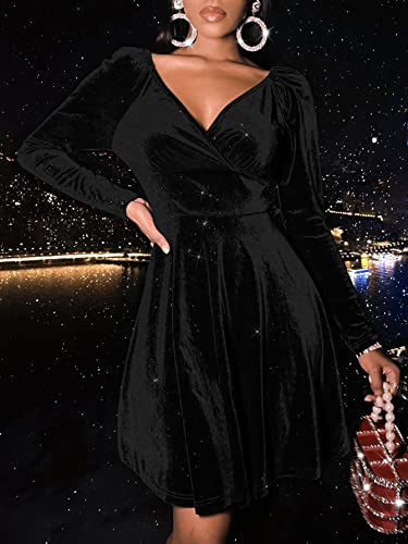 Sexyasasii Womens Wrap V Neck Long Sleeve Velvet Glitter A Line Cocktail Party Swing Fit and Flare Skater Mini Dress2