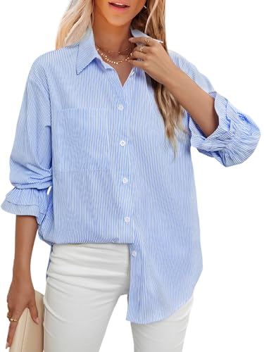LEMAFER Women's Smocked Cuffed Stripe Boyfriend Button Down Shirt...