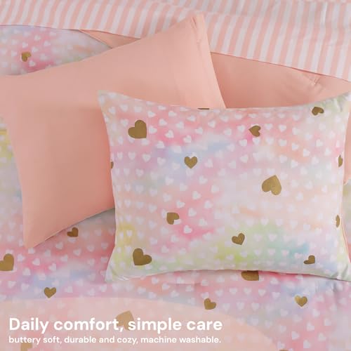 Image of BLOOMHAVEN Full Size Comforter Sets for Girls, 7 Pieces Pink Bedding Set with Colorful Gold Heart, All Seasons Kids Bed in a Bag with Sheets, Pillowcases & Shams