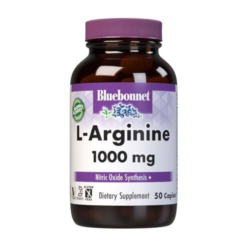 Bluebonnet Nutrition L-Arginine 1000mg, Free-Form Amino Acid, Nitric Oxide Precursor, Gluten-Free, Non-GMO, Kosher Certified, Vegan, 50 Caplets, 50 Servings