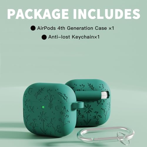 Image of New Engraved Soft Silicone Case Compatible with Apple AirPods 4 Generation (2024) with Keychain, Full 360 Protection Dust-Proof Shockproof Case Cover (Cover Only) (Forest Green)