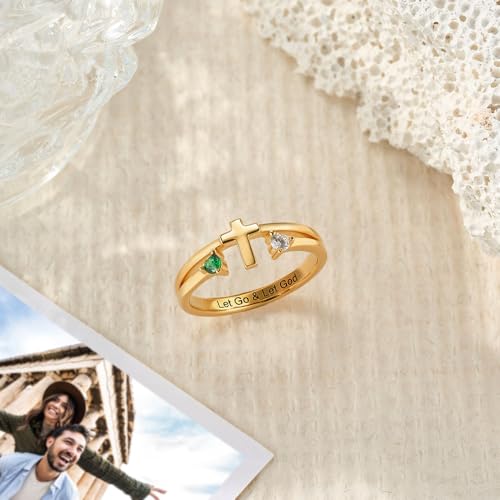 AILIN Personalized Cross Rings For Women Sterling Silver 925/Brass Custom Engraved Promise Rings With Two Birthstones Religious Christian Jewelry Birthday Gifts For Her Mother4