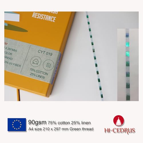 90GSM 75% Cotton 25% linen Business Paper, A4 size White Printing Paper, 100 Sheets with Green Thread and UV Visible Fibres (Low-starch)