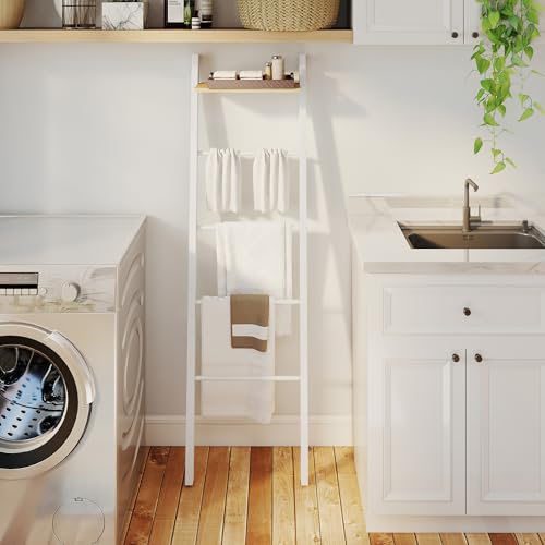 Miniatura 8 de Homcom Toallero Escalera Con Estante Superior Y 4 Barras, Toallero De Baño Para Apoyar En Pared, Estantería De Escalera Inclinada, Para Dormitorio, Salón, 43x20x151 Cm, Blanco Y Roble