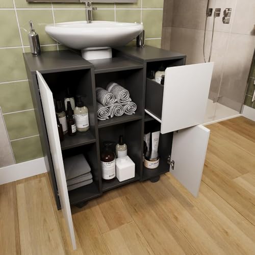 Gabinete Armario Banheiro Pia de Coluna Macau com Rodízios Preto/branco