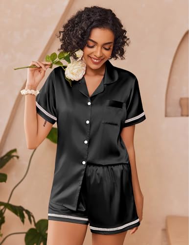 Image of Ekouaer Womens Silk Pajama Sets Button Up Satin Pjs Short Sleeve 2 Piece Pj Sets Cute Lounge Sets with Chest Pocket