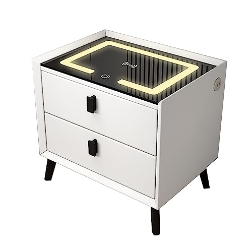 HJYBFA Mesita de Noche multifunción con Luces LED y estación de Carga inalámbrica, Moderna 2 cajones para Dormitorio y Sala de Estar.