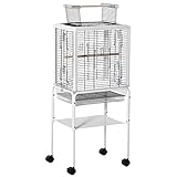 Pawhut Jaula para Pájaros con Soporte Desmontable Pajarera con 4 Ruedas Techo Abrible 2 Comederos 2 Perchas y Bandeja para Loros Canarios Periquitos 47x35x106,5 cm Blanco