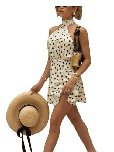 GORGLITTER Women's Polka Dots Halter Mini Dress Tie Backless Ruched A Line Going Out Wedding Guest Dresses