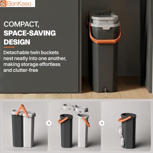 Image of BonKaso Twin Bucket Flat Mop Set, Hands-Free Microfiber Floor Cleaning Mop & Pocha with 100% Water Separation, Self-Cleaning Scraper, Reusable Pads for Floor, Wall & Window (Carbon Grey & Light Grey)