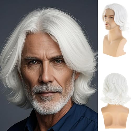 Dsimeig Mens White Wig Short Wavy Bob Wig Synthetic Cosplay Party Replacement Hair Wig