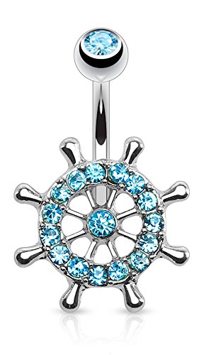 Pierced Owl 14Ga Stainless Steel Cz Crystal Paved Nautical Ship Yacht Wheel Belly Button Ring (Aqua) #TOP5