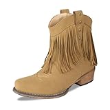 HPSOM Cowboy Boots for Women Boho Suede Ankle Western Cowgirl Boots Mid Calf Pointed Toe Short Chunky Classic Fringe Booties