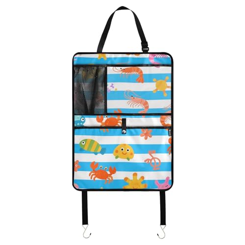 Protector organizador de asiento trasero de coche con diseño de animales marinos, color azul y blanco, con tablet, para organizar el coche para asiento de niños