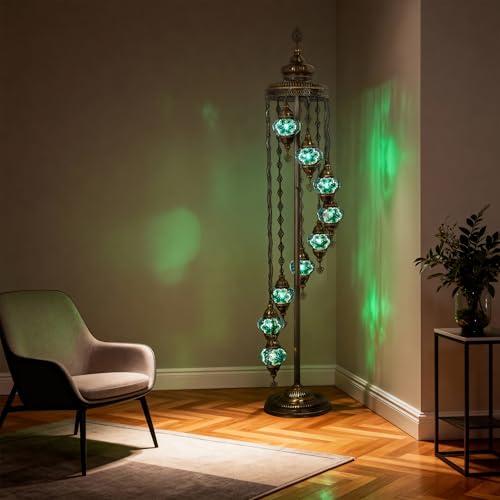 Mozaist Turkish Mosaic Floor Lamp with Bulbs – Handmade Multi Globe Moroccan Standing Lamp, Authentic Stained Glass Light, Bohemian Home Decor (Turquoise Green, 9 Globe Floor Lamp)