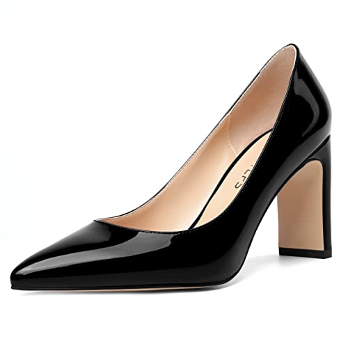 MOVINSTEPS Womens Pointed Toe Sexy Patent Slip On Dating Block High Heel Pumps Shoes 3.3 Inch