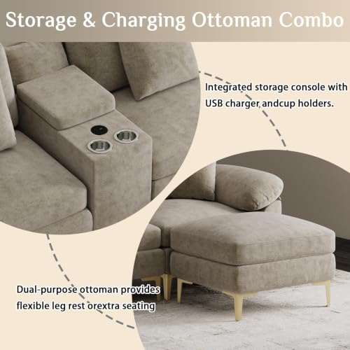 Image of OUYESSIR U-Shaped Sectional Sofa Couch, 4 Seat Sofa Set for Living Room, Convertible U-Shaped Chenille Couch Set with USB Port Central Console Ottoman,128 inches (Light Brown)