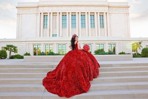 Zhangyo Glitter Sequin Quinceanera Dresses with Train Gorgeous V Neck Sweet 15 16 Dresses Princess Vestidos De 15 Años4