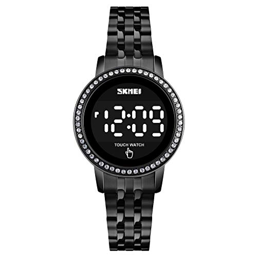 zolohoni Relojes digitales de acero inoxidable para mujer, pulsera con pantalla táctil LED, resistente al agua, elegante reloj de pulsera de cristal para damas, adolescentes y niñas, Negro (Round