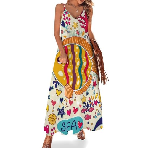 Robe longue poissons colorés d'été sans manches - robe maxi plage et voyage femme