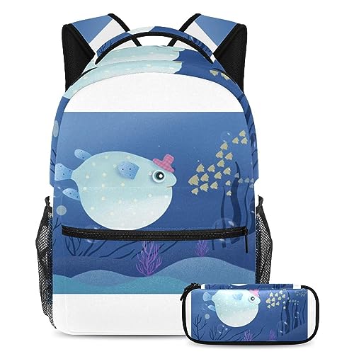 Sac à dos daypack poisson bleu multicolore, cartable enfant et ado pour voyage