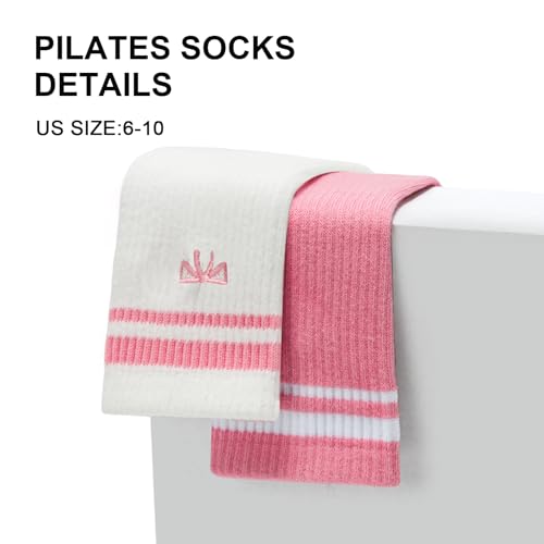 Image of Non-Slip Pilates Yoga Socks for Women Cotton Crew Striped Bow Embroidery for Barre Ballet Dance Workout