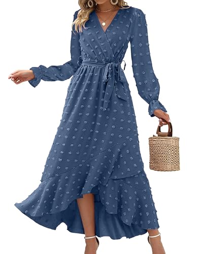 IFFEI Damen Casual Lang Langarm Herbst Sleeve Rüschen Rückenfreies Boho Strandkleid Trendy Lang Kleid Blue S