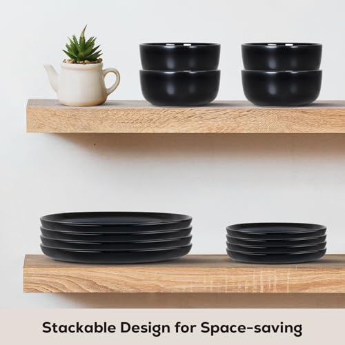 Romswi Dinnerware Set for 4, 16 pcs Stoneware Plates and Bowls Sets with Mugs, Chip & Scratch Resistant Dish Set, Handmade Reactive Glaze, Oven,Microwave and Dishwasher Safe, Dreamy Moonlight-Blue
