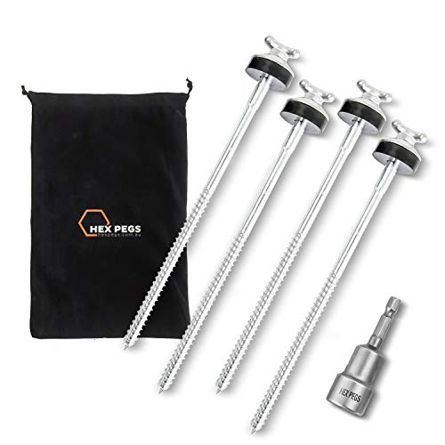 HEX PEGS | Drillable Tent Stakes | Tired of Hammering Camping Tent Pegs into the Ground? | Heavy Duty 10 Metal Ground Pegs | Tent Anchors & Camping Spikes | Hook Top 15 PACK | Free Drill Bit Included