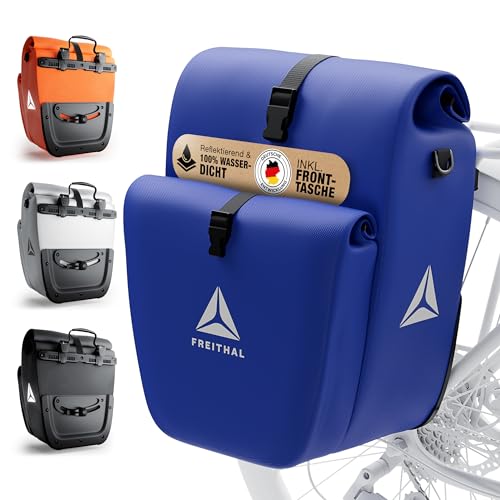 FREITHAL - Fietstas voor bagagedrager met voorvak, 33 liter, 100% waterdicht en met reflectoren, bagagedragertas en schoudertas, fietstas, blauw